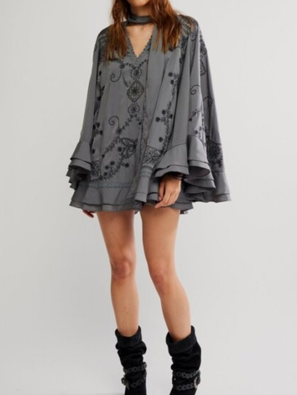 FREE PEOPLE Bali September Sun Mini Dress/Tunic Charcoal Grey Medium NWT$298 - Picture 5 of 12